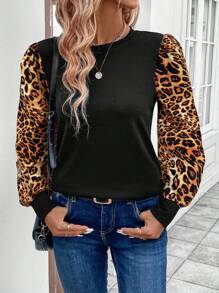 SHEIN LUNE Women's Plain Color Block Round Neck Long Sleeve Simple Casual Top, For Daily Wear - Multicolor - View 5