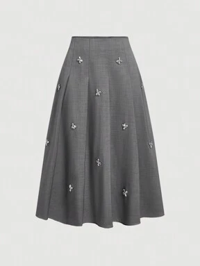 SHEIN MOD Women's Elegant Pleated Gray Skirt With Crystal Decor,Party,New Years,Glittery Skirt,Office,Work Skirt,New Years Women Outfits,New Years Eve Attire,Business Casual,Old Money Style,Academia,Sparkly Skirt,Work Clothes Women,Grey Skirt,Valentine Clothes Women