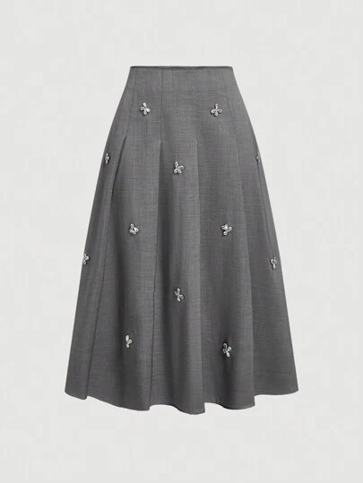 SHEIN MOD Women's Elegant Pleated Gray Skirt With Crystal Decor,Party,New Years,Glittery Skirt,Office,Work Skirt,New Years Women Outfits,New Years Eve Attire,Business Casual,Old Money Style,Academia,Sparkly Skirt,Work Clothes Women,Grey Skirt,Valentine Clothes Women