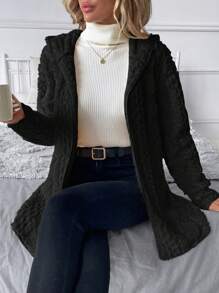 SHEIN Clasi Jaket Fleece Bertekstur Lengan Panjang Berkerudung Warna Polos untuk Wanita Musim Dingin - Hitam - View 7