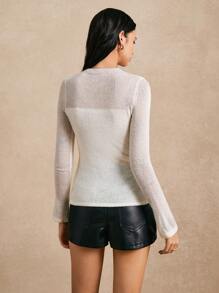 Poéselle Lightweight Sheer Mock Layer Knit Sweater Top, Elegant & Sexy For Women, Autumn/Winter - Beige - View 2