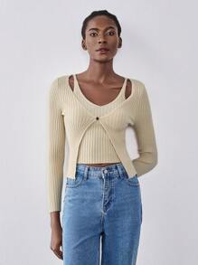 Chiquease 二合一针织长袖上衣，百搭又显身材的女士秋冬毛衣 - 杏色 - 查看 1