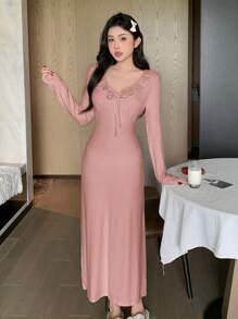 DAZY Ruffled Collar Fitted Casual Dress For Home Wear Fall,Winter Pajama - Pink - View 4