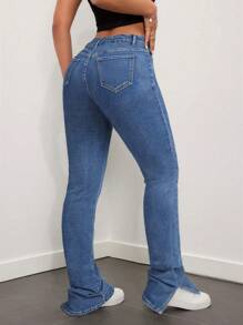 SHEIN ICON Jeans met hoge taille, split en geplooide zoom en uitlopende pijpen