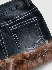 ROMWE Grunge Punk Vintage Y2K Cross Embroidered Rivet & Leopard Fluffy Patchwork Women Low Waist Mini Denim Skirt - Blue - View 3