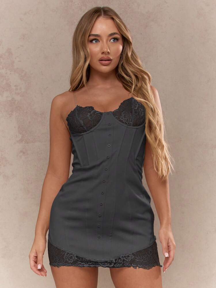 MISSGUIDED Sheer Scalloped Lace Detail Boned Corset Mini Dress With Transparent Straps