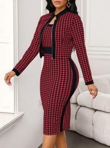 SHEIN Lady Spring And Summer Autumn And Winter Elegant Casual Commuting Office Black Knitted Stand Collar Pencil Zipper Midi Long Sleeve Plus Size Co-Ords Professional Clothes Women Clothes Women Outfit Sets Valentine's Day New Years Women Outfit