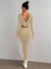 Flirla Women's Solid Color Long Sleeve Casual Sexy Bowknot Dress Fall Cloth For Women - Beige - View 5