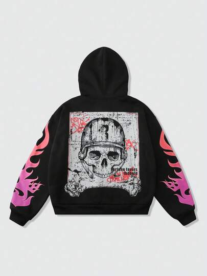 Street Life Sudadera con capucha y cremallera holgada para hombres con estampado de cráneos y llamas