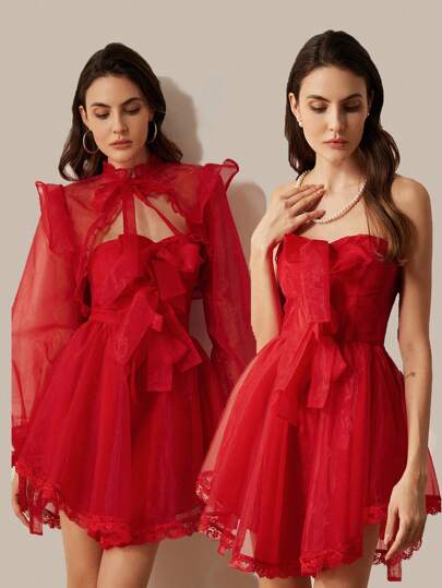 Aveloria Rosie 浪漫复古蕾丝拼接欧根纱短裙配蝴蝶结披肩，春夏宫廷风女士情人节两件套