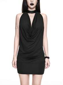 ROMWE Goth Y2K Vintage Oversized Plunging Neckline Halter Cross Back Midi Dress - Black - View 5