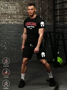 Gym Rark Men's Letter Printed Short Sleeve Shorts Sports Tracksuit Gym Set Workout Set - Black - View 1