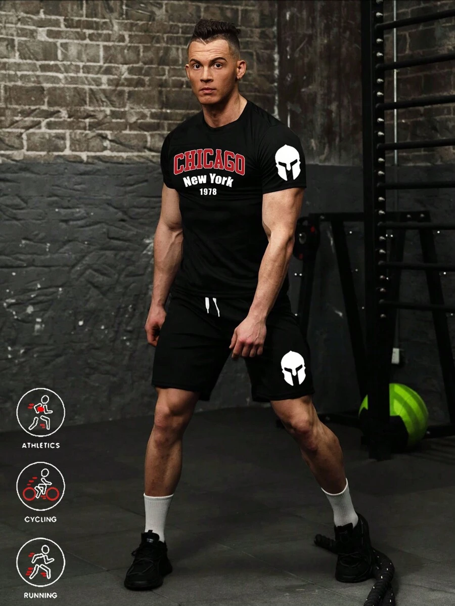 Gym Rark Men's Letter Printed Short Sleeve Shorts Sports Tracksuit Gym Set Workout Set - Black - View 1