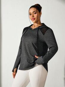 Easithlete Plus Size Sport Look Sweatshirt, Black With Leopard Flocked Design, Drawstring Waist, Long Sleeve - Black - View 4
