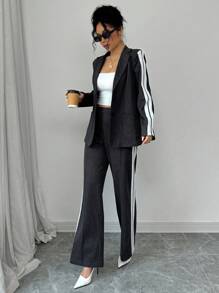 SHEIN PETITE 2pcs Set Casual Dark Grey Contrast Color Loose Blazer And Wide Leg Straight Pants Suit - Dark Grey - View 1