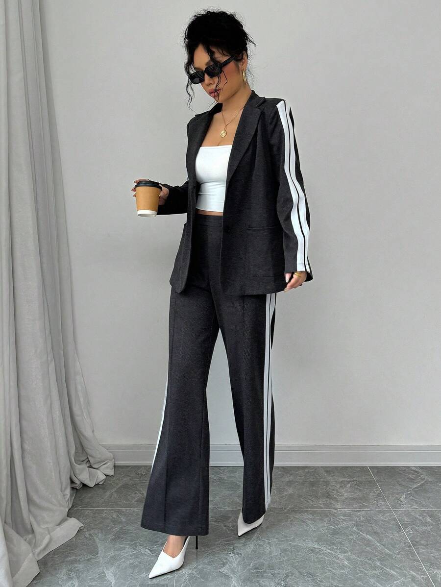 SHEIN PETITE 2pcs Set Casual Dark Grey Contrast Color Loose Blazer And Wide Leg Straight Pants Suit - Dark Grey - View 1