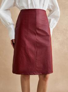 Poéselle Women Elegant Slit Design Straight Hem Skirt, Autumn - Burgundy - View 3