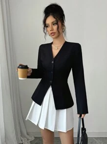 Chiquease 2pcs/Set Black Blazer And White Pleated Skirt - Black - View 3