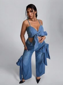 SHEIN EZwear 大码女式前打结短款性感吊带背心 - 藍色 - 查看 3