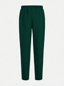 SHEIN Leap Crew 两件套青少年男童学院风休闲纯色纹理面料长袖西装外套和松紧腰长裤套装，适合所有季节，户外玩耍、上学、街头风、派对和休闲场合，超值圣诞节服装套装，秋冬季女童服装 - 綠色 - 查看 7