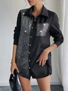 Chiquease 女装派对性感休闲通勤亮片拼布拼接前扣木扣口袋长袖休闲宽松新品春夏秋冬四季可穿衬衫 - 黑色 - 查看 6