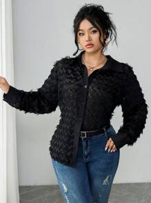 Flirla 大码女式激光切割花卉流苏长袖衬衫 - 黑色 - 查看 6