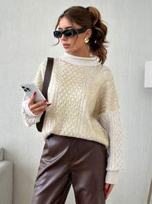 SHEIN Damen Kabel-Strick Rundhals Metall-Beschichtungs-Muster Pullover Kuschelig und Chic