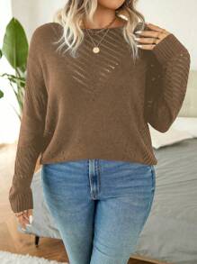 SHEIN LUNE Große Größen einfarbiger Langarm Cut Out Pullover, lässiger Alltagspullover Strick Pullover Herbst Winter