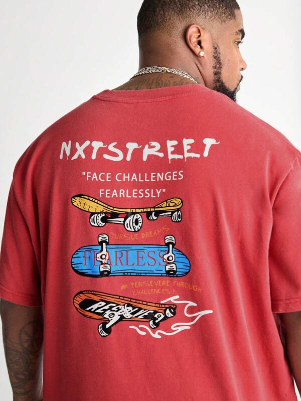 Manfinity NXTstreet Plus Size Men's Loose Snowflake Street Print Short Sleeve Red T-Shirt