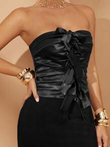 Lumalex Blusa elegante de fiesta con cintura ceñida y lazo de moño, ideal para fiestas de invierno, primavera, San Valentín, celebraciones y bodas - Negro - Ver 3