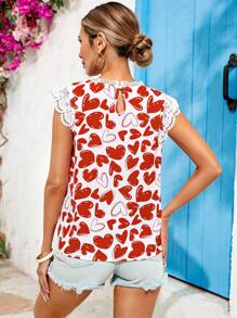 Vivid Eden Valentine's Day Cute Heart Printed Blouse, Cap Sleeve Blouse, Lace Collar,Vacation Outfit,Summer Outfits For Women