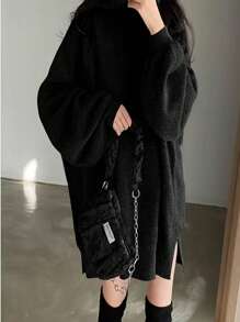 SoleilVie 女士休闲纯色高领毛衣连衣裙，冬季 - 黑色 - 查看 4