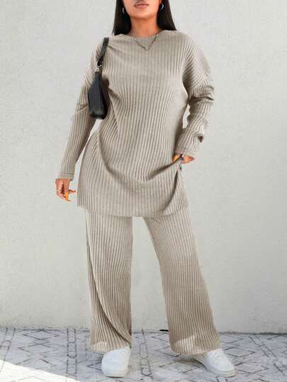 EURMUSE Plus Drop Shoulder Split Hem Tee & Wide Leg Pants