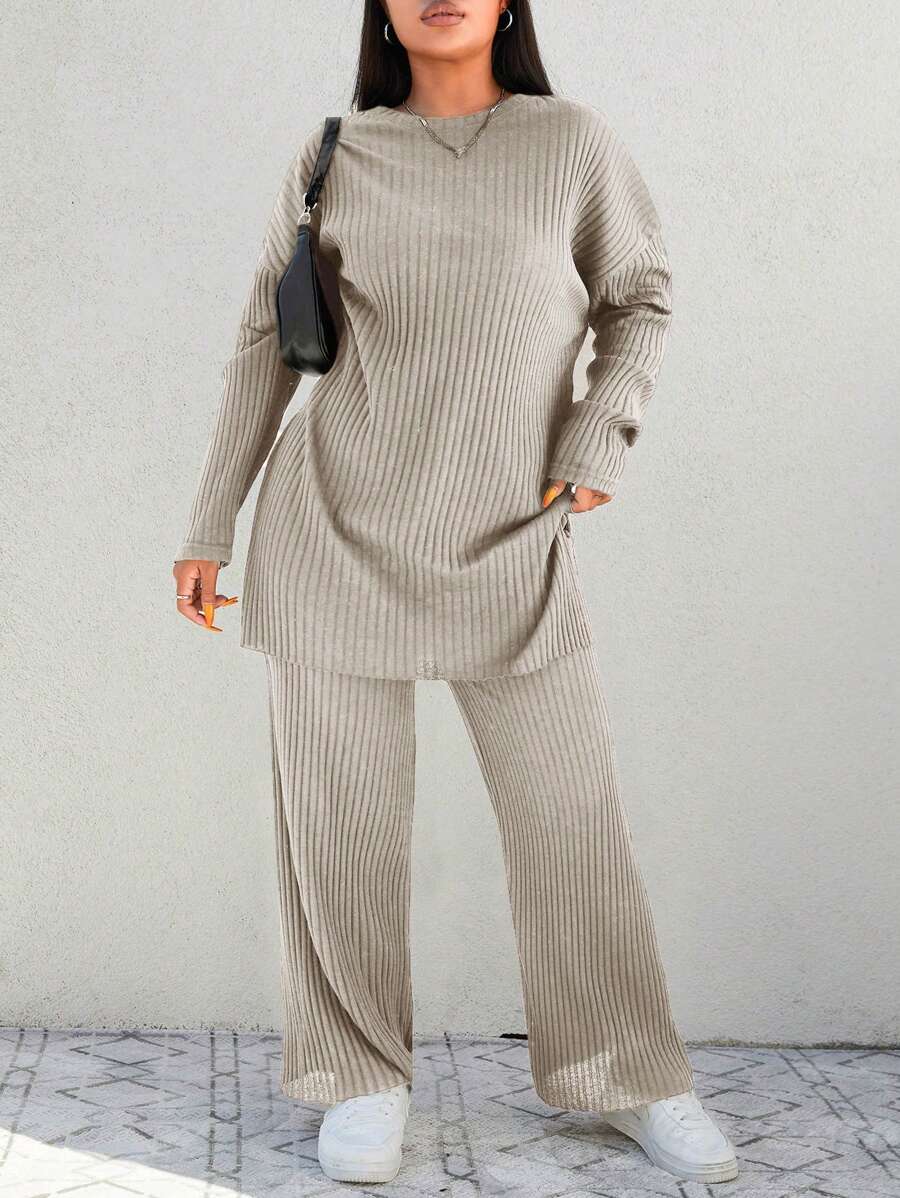 EURMUSE Plus Drop Shoulder Split Hem Tee & Wide Leg Pants - Beige - View 1