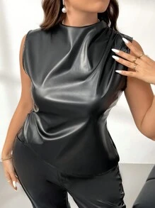 SHEIN Privé 女士优雅现代复古性感摩托车风格黑色纯色 PU 不对称褶皱腰露背上衣，适合节日、新年派对、办公室时尚、修身