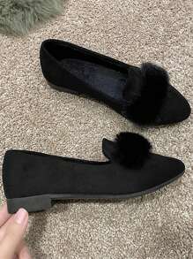 Girls' Flats Pointed Toe Suede Slip-On Casual Shoes, Comfortable & Warm With Fluffy, Fashionable For Teens - Black - View 2