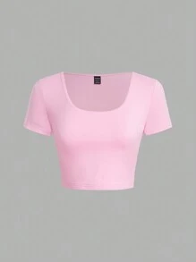 SHEIN EZwear Damska, swobodna, jednokolorowa, kwadratowa, obcisła koszulka z krótkim rękawem i kwadratowym dekoltem