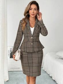 SHEIN Clasi 女式复古优雅格子西装外套和 A 字裙套装 - 卡其色 - 查看 7