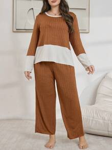 Lazeform Contrast Color Block Rib Knit Loose Long Sleeve Pajama Set, Plus Size