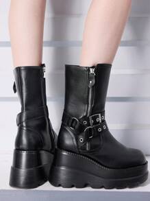 Sugerpunk Women's Fashionable Platform Biker Ankle Boots With English Style, Thick Sole New Year Holiday