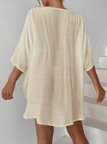 SHEIN Swim Áo choàng đơn sắc thanh lịch rộng rãi thường ngày cho nữ, thích hợp cho giải trí và nghỉ mát mùa hè - Màu be - Xem 2