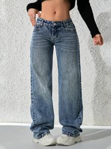 SHEIN ICON Jeans rectos de cintura baja lavados de estilo casual para mujer - Azul - Ver 5