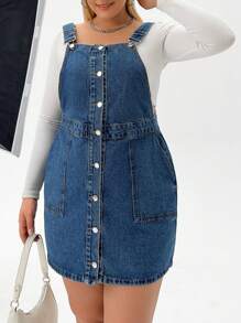 RueChic Plus Slant Pocket Button Front Overall Denim Dress - Medium Wash - View 5