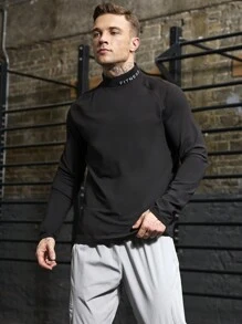 Gym Rark Men's Stand Collar Long Sleeve Letter Print Casual Sports T-Shirt, Minimalist Design - Black - View 5