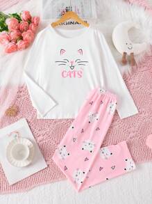 Conjunto de pijama para niñas con estampado lindo de gatos - Rosa Pálido - Ver 1