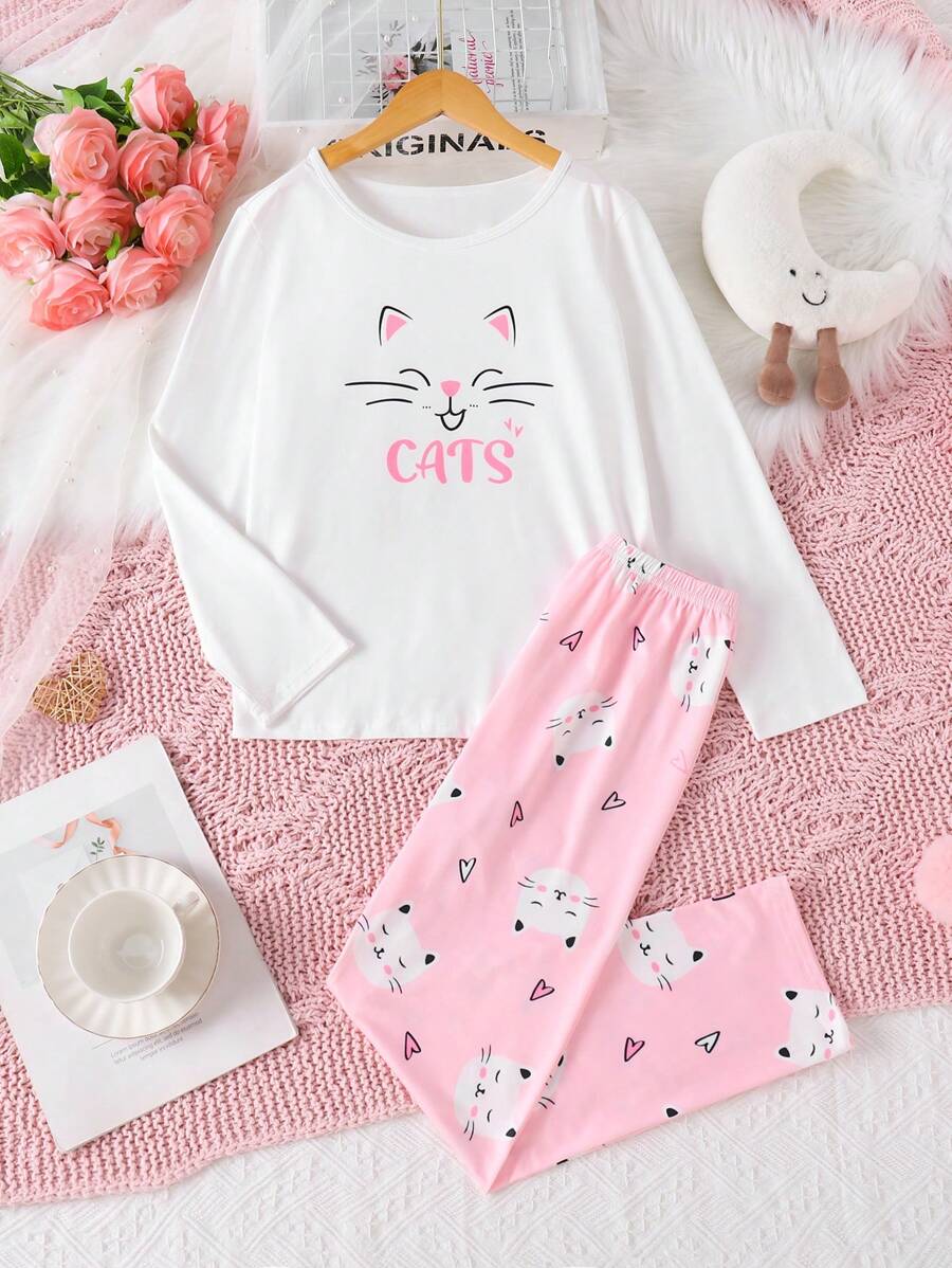 Conjunto de pijama para niñas con estampado lindo de gatos - Rosa Pálido - Ver 1