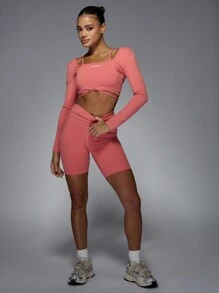 MISSGUIDED Baseball Double Layer Strappy Long Sleeves Sports Crop Top - Watermelon Pink - View 4