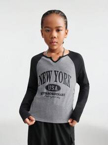 SHEIN Tween Girls Outono/Inverno Uso Diário Básico Volta às Aulas Preppy Cruz Elástico Decote Recortado Top Preto e Cinza com Mangas