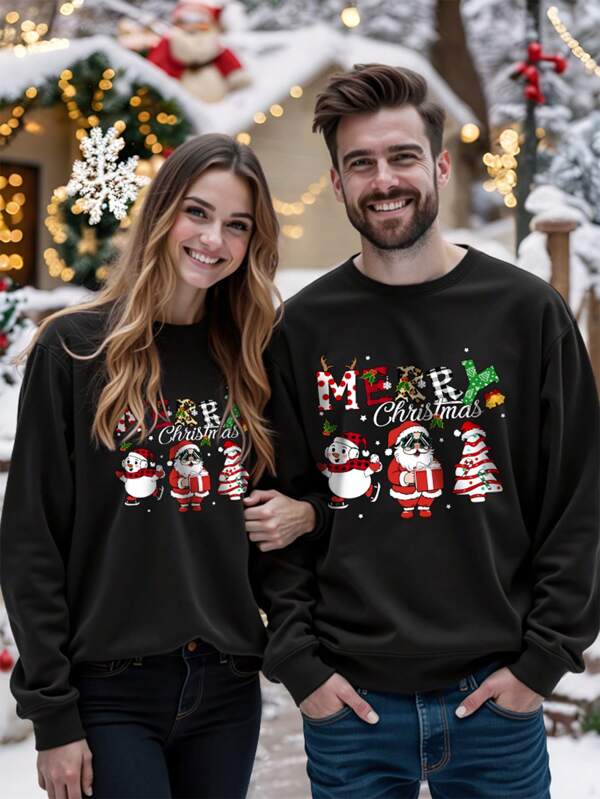 Manfinity Homme Sudadera casual de cuello redondo de manga larga con estampado de lema navideño para hombre, otoño