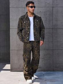 Manfinity Homme Men's Casual Simple Leopard Print Denim Suit Party Urban Disco Hang Out Street, Fall Clothes